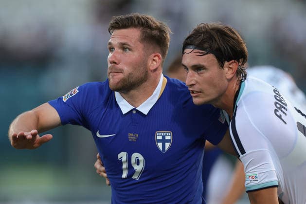 San Marino v Finland - UEFA Nations League - Season 2026-2027 Serravalle, Italy, 26th September 2026. Filippo Fabbri of San Marino tussles with Benjamin Kallman of Finland during the San Marino vs Finland UEFA Nations League match at San Marino Stadium, Serravalle. Picture credit should read: Jonathan Moscrop Serravalle San Marino Stadium San Marino