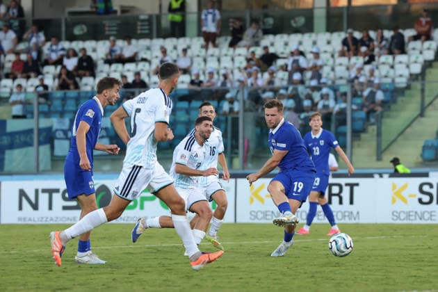 San Marino v Finland - UEFA Nations League - Season 2026-2027 Serravalle, Italy, 26th September 2026. Benjamin Kallman of Finland scores to give the visitors a 3-0 lead during the San Marino vs Finland UEFA Nations League match at San Marino Stadium, Serravalle. Picture credit should read: Jonathan Moscrop Serravalle San Marino Stadium San Marino