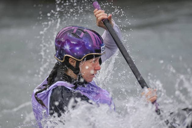 IPA89014181 - Ivrea, Italy, September 26, 2026—Paddle Europe Slalom Championships 2026: Women s Kayak Cross Individual Time Trial at the Canoe Stadium in Ivrea Woods—Kimberley_5_(GBR) winning the gold medal during the 2026 Paddle Europe Slalom Championships Women s Kayak Cross Individual Time Trial at the Ivrea Stadium  Copyright: xTonelloxAbozzi IPAxSportx xx IPA89014181