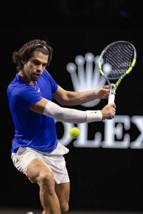 Carlos Alcaraz of Team Europe in action against Taylor Fritz of Team World during the 2026 Laver Cup at The O2 Featuring: Carlos Alcaraz Where: London, United Kingdom When: 26 Sep 2026 Credit: Alex Cropper Cover Images EDITORIAL USE ONLY. NOT FOR USE BY NEWSPAPERS BASED IN THE UK. Copyright: xx coverimg56062787