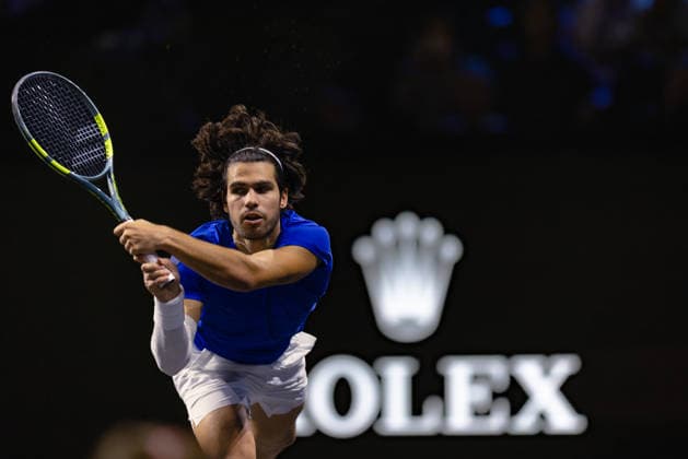 Carlos Alcaraz of Team Europe in action against Taylor Fritz of Team World during the 2026 Laver Cup at The O2 Featuring: Carlos Alcaraz Where: London, United Kingdom When: 26 Sep 2026 Credit: Alex Cropper Cover Images EDITORIAL USE ONLY. NOT FOR USE BY NEWSPAPERS BASED IN THE UK. Copyright: xx coverimg56062790