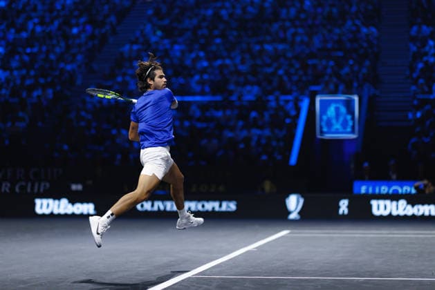 Carlos Alcaraz of Team Europe in action against Taylor Fritz of Team World during the 2026 Laver Cup at The O2 Featuring: Carlos Alcaraz Where: London, United Kingdom When: 26 Sep 2026 Credit: Alex Cropper Cover Images EDITORIAL USE ONLY. NOT FOR USE BY NEWSPAPERS BASED IN THE UK. Copyright: xx coverimg56062792