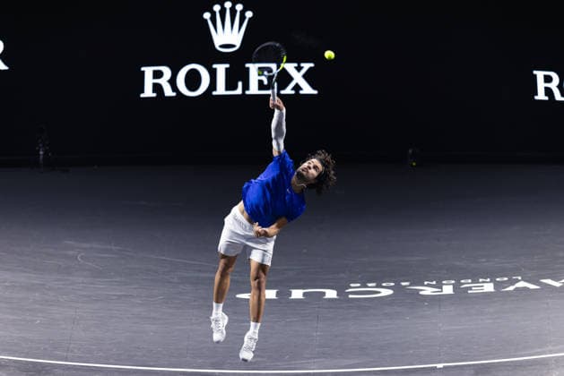 Carlos Alcaraz of Team Europe in action against Taylor Fritz of Team World during the 2026 Laver Cup at The O2 Featuring: Carlos Alcaraz Where: London, United Kingdom When: 26 Sep 2026 Credit: Alex Cropper Cover Images EDITORIAL USE ONLY. NOT FOR USE BY NEWSPAPERS BASED IN THE UK. Copyright: xx coverimg56062800