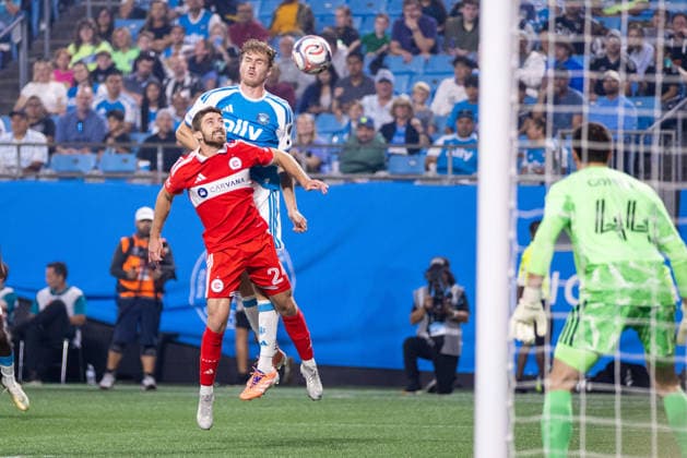 September 26, 2026: Charlotte FC defense Henry Kessler (22) battles with Chicago Fire FC defender Jonathan Dean (24) during the first half of the MLS, Fussball Herren, USA match up at Bank of America Stadium in Charlotte, NC. Mandatory Credit: -Cal Media Charlotte United States - ZUMAc04_ 20260926_zma_c04_414 Copyright: xScottxKinserx