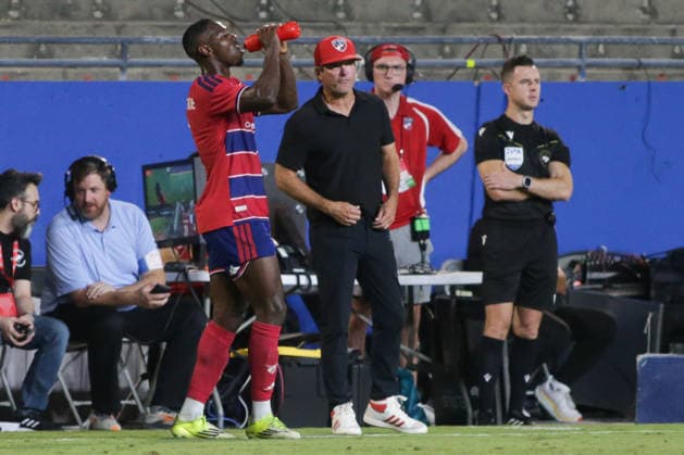 September 26, 2026, Frisco, Texas, USA: FC Dallas defender OSAZE URHOGHIDE (3) (left ) drinks water after scoring a goal during a soccer game between Los Angeles FC and FC Dallas at Toyota Stadium in Frisco, TX. Soccer 2026: FC Dallas 1:0 Los Angeles FC  - ZUMAh193 20260926_zsp_h193_038 Copyright: xDanielxMcGregor-Huyerx