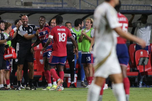 September 26, 2026, Frisco, Texas, USA: FC Dallas defender OSAZE URHOGHIDE (3) (left middle) reacts after scoring a goal during a soccer game between Los Angeles FC and FC Dallas at Toyota Stadium in Frisco, TX. Soccer 2026: FC Dallas 1:0 Los Angeles FC  - ZUMAh193 20260926_zsp_h193_044 Copyright: xDanielxMcGregor-Huyerx