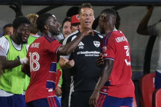 September 26, 2026, Frisco, Texas, USA: FC Dallas defender OSAZE URHOGHIDE (3) (right) reacts after scoring a goal during a soccer game between Los Angeles FC and FC Dallas at Toyota Stadium in Frisco, TX. Soccer 2026: FC Dallas 1:0 Los Angeles FC  - ZUMAh193 20260926_zsp_h193_045 Copyright: xDanielxMcGregor-Huyerx
