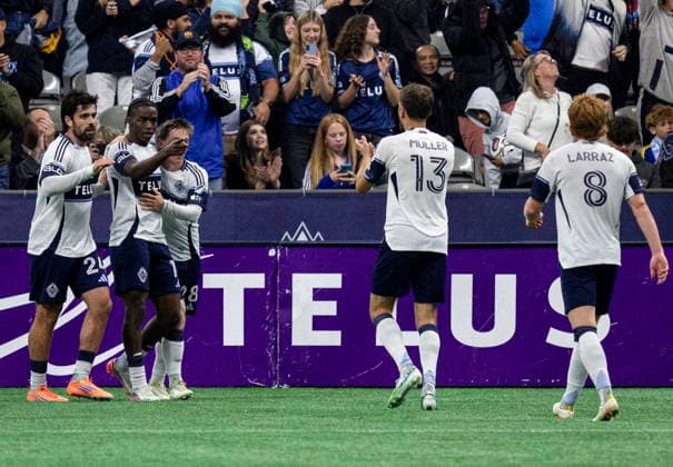 September 26, 2026, Vancouver, Bc, CANADA: Vancouver Whitecaps Bruno Caicedo (second left) celebrates with his teammates after scoring a goal against D.C. United during the first half of an MLS, Fussball Herren, USA soccer match, in Vancouver, on Saturday, Sept. 26, 2026. Canada News - September 26, 2026 - ZUMAc35_ 20260926_zaf_c35_200 Copyright: xJacobxMallarix