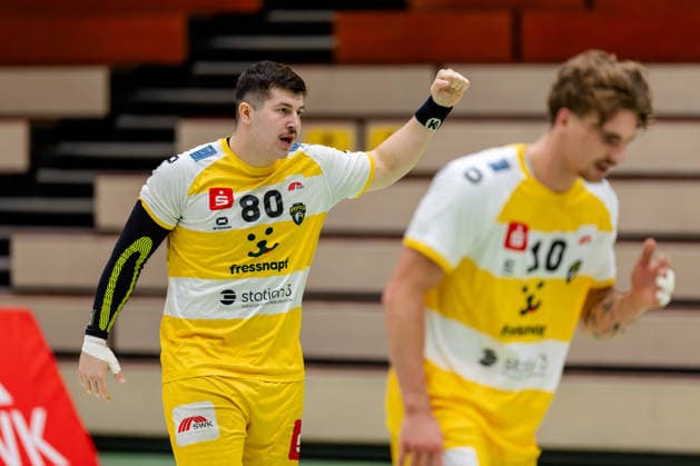 Krefeld, 26.09.2026, Handball, Herren, 3. Liga, Süd-West, 6. Spieltag, 2026 2027: HSG Krefeld Niederrhein Bergische Panther Jan-Luca Mevissen (HSG Krefeld Niederrhein, 80) jubelt nach einem Treffer
