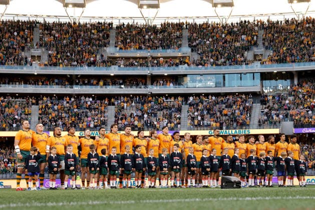 RUGBY UNION AUSTRALIA SOUTH AFRICA, The Wallabies sing the national anthem during the international rugby test match between the Australian Wallabies and South Africa at Optus Stadium in Perth, Sunday, September 27, 2026. ( NO ARCHIVING, EDITORIAL USE ONLY PERTH Western Australia Australia  Copyright: xRICHARDxWAINWRIGHTx 20260927164587007162