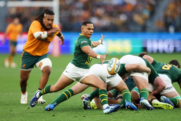 RUGBY UNION AUSTRALIA SOUTH AFRICA, Herschel Jantjies of the Springboks kicks the ball during the international rugby test match between the Australian Wallabies and South Africa at Optus Stadium in Perth, Sunday, September 27, 2026. ( NO ARCHIVING, EDITORIAL USE ONLY PERTH Western Australia Australia  Copyright: xTravisxHaytox 20260927158147997548