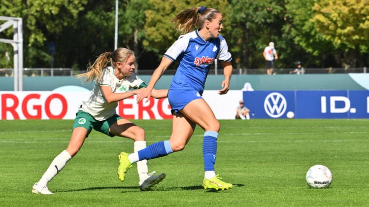 27.09.2026 - Fussball - Saison 2026 2027 - DFB Pokal Vereinspokal Frauen Damen - 01. Runde: SpVgg Greuther Fürth ( Kleeblatt ) - TSG 1899 Hoffenheim - Sportfoto Zink - xwoxzix - regulations prohibit any use of photographs as image sequences and or quasi-video - Elena Grill (6, SpVgg Greuther Fürth ) Lisann Kaut (4, TSG Hoffenheim )