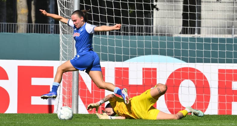 27.09.2026 - Fussball - Saison 2026 2027 - DFB Pokal Vereinspokal Frauen Damen - 01. Runde: SpVgg Greuther Fürth ( Kleeblatt ) - TSG 1899 Hoffenheim - Sportfoto Zink - xwoxzix - regulations prohibit any use of photographs as image sequences and or quasi-video - Marie Steiner (9, TSG Hoffenheim ) Lisa Bayer (1, SpVgg Greuther Fürth )