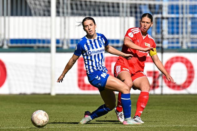 Fußball I Frauen I Saison 2026-2027 I DFB-Pokal I 1. FC Magdeburg - 1. FC Union Berlin I 27.09.2026 Zweikampf Kira Bölke (7, 1. FC Magdeburg), Samantha Steuerwald (19, 1. FC Union Berlin) Magdeburg Avnet Arena (Heinz-Krügel-Platz 1) Sachsen-Anhalt Deutschland Copyright: xLobeca InesxHähnelx