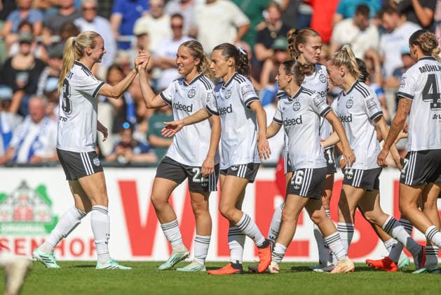 GER, Karlsruhe, Karlsruher SC vs Eintracht Frankfurt, SC, DFB Pokal der Frauen, Fussball, DFB, Spielzeit 2026 2027, Badenia Stadion, 1. Runde im Bild: Tor, Jubel und Freude, Emotionen, Danique Tolhoek (Eintracht Frankfurt Frauen 22), 1:0 DFB DFL REGULATIONS PROHIBIT ANY USE OF PHOTOGRAPHS AS IMAGE SEQUENCES AND OR QUASI-VIDEO, 27.09.2026 Copyright: HMBxMedia HendrikxHamelau