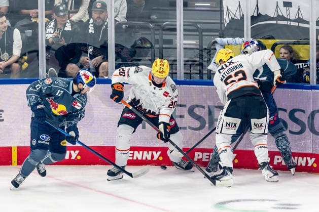 Kampf um den Puck von Fabio Kose (Loewen Frankfurt, 20) und Maksim Matushkin (Loewen Frankfurt, 52) mit Taro Hirose (EHC Red Bull Muenchen, 17) und Patrick Hager (EHC Red Bull Muenchen, 52) GER, EHC Red Bull Muenchen vs. Loewen Frankfurt Eishockey, DEL, Saison 2026 2027, 4. Spieltag, 27.09.2026. Foto: HMB Media Franz Feiner Copyright: HMBxMedia FranzxFeiner