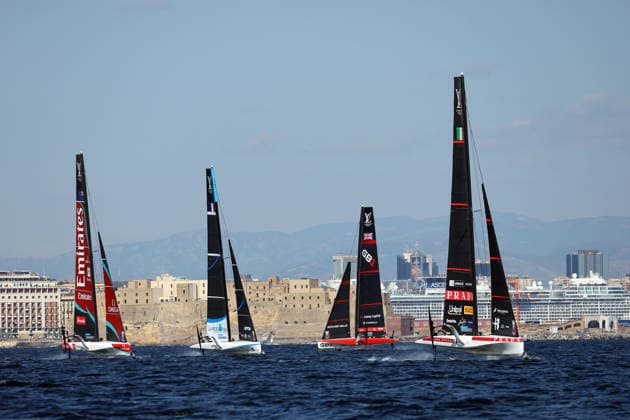 a moment of event teams during the preliminary regatta fleet races of the Louis Vuitton 38th America s Cup, Naples, Italy, September 27, 2026  Copyright: xAlessandroxGarofalox
