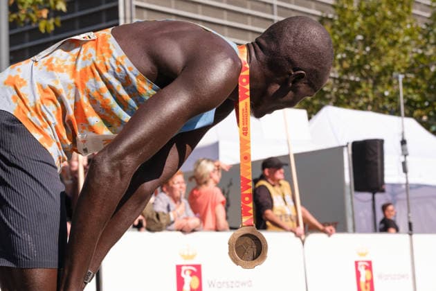 September 27, 2026, Warsaw, Masovian Voivodeship, Poland: VICTOR KWEMBOI of Uganda at the finish line after placing second in the 48th Warsaw Marathon. The race has been awarded the World Athletics Elite Label for the first time in its history and is part of the European Marathon Classics (EMC) series of races. Warsaw Marathon 2026  - ZUMAk204 20260927_zip_k204_043 Copyright: xRomanxKozielx