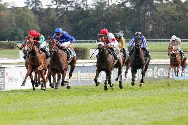 27.09.2026, Koeln, Nordrhein-Westfalen, GER - Fortuna Diamond (Zweite von links) mit Martin Protti gewinnt. Galopprennbahn Koeln-Weidenpesch. (Pferd, Jockey, Fortuna Diamond, Protti, Sieg, Ziel, Zielankunft) 260927SG988KOELN.JPG