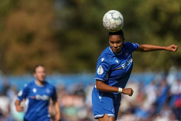 GER, Karlsruhe, Karlsruher SC vs Eintracht Frankfurt, SC, DFB Pokal der Frauen, Fussball, DFB, Spielzeit 2026 2027, Badenia Stadion, 1. Runde im Bild: Cora Obenson (Karlsruher SC Frauen 20) DFB DFL REGULATIONS PROHIBIT ANY USE OF PHOTOGRAPHS AS IMAGE SEQUENCES AND OR QUASI-VIDEO, 27.09.2026 Copyright: HMBxMedia HendrikxHamelau