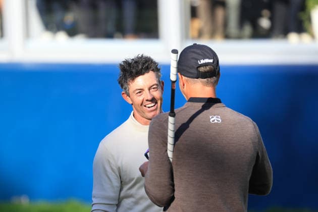 RECORD DATE NOT STATED 20th September 2026; Wentworth Golf Club, Virginia Water, Surrey, England; DP World Tour Golf, BMW PGA, Golf Herren Championship, Final Day; Rory McIlroy of Northern Ireland and Adam Scott of Australia share a joke and congratulate each other at the end of the round on the 18th hole JeremyxGowers-Cromie