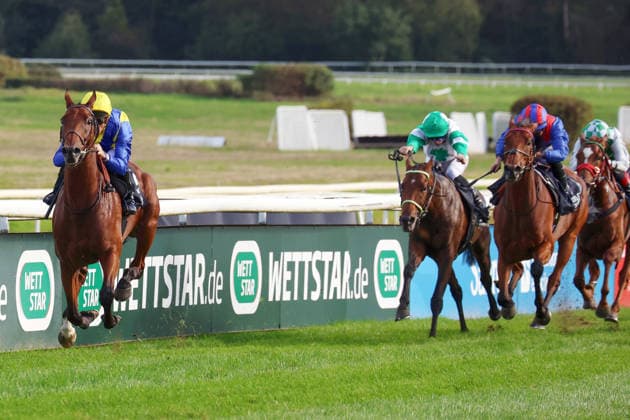 27.09.2026, Koeln, Nordrhein-Westfalen, GER - Goliath mit Christophe Soumillon gewinnt den 64. Preis von Europa. Galopprennbahn Koeln-Weidenpesch. (Pferd, Jockey, Goliath, Soumillon, Sieg, Ziel, Zielankunft) 260927S890KOELN.JPG
