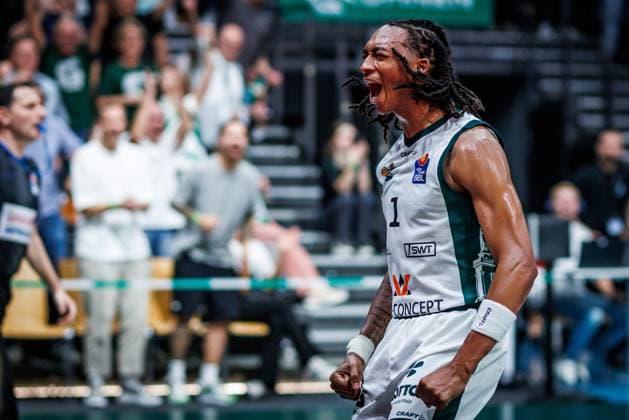 Austin Crowley (Gladiators Trier) Jubel, Freude, Emotionen Vet Concept Gladiators Trier vs Science City Jena, Basketball, easyCredit BBL, 2. Spieltag, Saison 2026 2027, 27.09.2026 Vet Concept Gladiators Trier vs Science City Jena, Basketball, easyCredit BBL, 2. Spieltag, Saison 2026 2027, 27.09.2026 Copyright: xEibnerxPressefotox EP_ANS