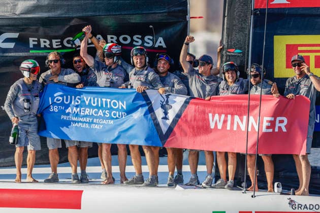 THE LOUIS VUITTON 38TH AMERICA™S CUP PRELIMINARY REGATTA, NAPLES Luna Rossa team wins and celebrate the qualifying round at the 38th Louis Vuitton America™s Cup in the Gulf of Naples, in Campania, on 27 September 2026. _BPH8862 Copyright: xAntonioxBalascox