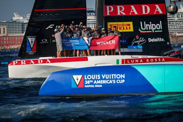 Luna Rossa™s celebrates after win the preliminary regatta match-race final of the Louis Vuitton 38th America s Cup, Naples, Italy, September 27, 2026  Copyright: xAlessandroxGarofalo LaPressex
