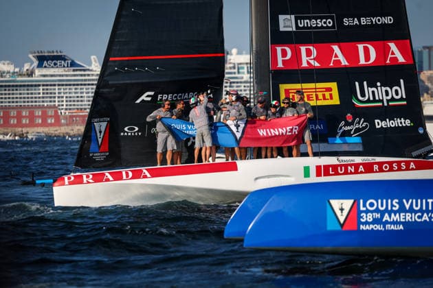Luna Rossa™s celebrates after win the preliminary regatta match-race final of the Louis Vuitton 38th America s Cup, Naples, Italy, September 27, 2026  Copyright: xAlessandroxGarofalo LaPressex