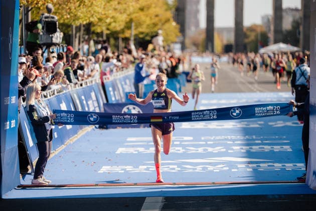 27.09.26, BMW Berlin Marathon 2026, Berlin Anna Langerwisch of Germany crosses the finish line as the first german runner in celebration at the BMW Berlin-Marathon in Berlin, Germany. Berlin Berlin BE Deutschland