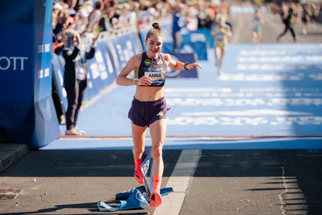 27.09.26, BMW Berlin Marathon 2026, Berlin Anna Langerwisch of Germany crosses the finish line as the first german runner in celebration at the BMW Berlin-Marathon in Berlin, Germany. Berlin Berlin BE Deutschland