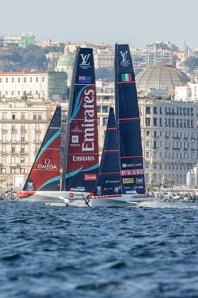 THE LOUIS VUITTON 38TH AMERICA™S CUP PRELIMINARY REGATTA, NAPLES Luna Rossa team and Emirates team New Zealand competes on the Mach race for the 38th Louis Vuitton America™s Cup in the Gulf of Naples, Campania, Italy, on September 27, 2026. The Naples preliminary regatta gives the competing teams their first opportunity to test their AC40 one-design yachts ahead of the 38th America™s Cup, which will be held in Naples in 2027. _BPH7983_1 Copyright: xAntonioxBalascox
