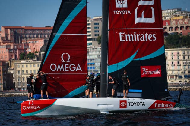 Emirates Team New Zealand during the pre-regattas of the Louis Vuitton 38th America s Cup, Naples, Italy, September 27, 2026  Copyright: xAlessandroxGarofalo LaPressex