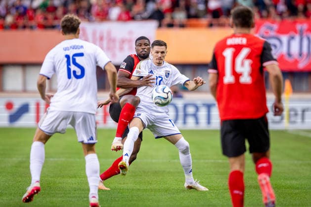 AUSTRIA - KOSOVO Kevin Danso of Austria and Sunderland and Dion Kacuri of Kosovo and Austria Lustenau during UEFA Nations League - League B - Group B3 - Matchday 2 - football match between Austria and Kosovo. Ernst Happel Stadion, Vienna, Austria, September 27, 2026. Photo by Branislav Racko Copyright: xx 080A2664