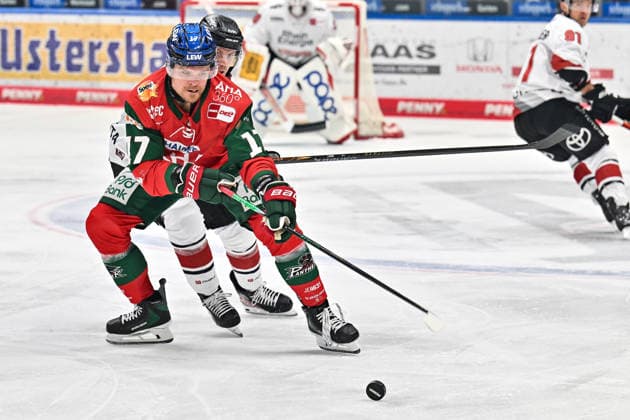 Penny DEL; Augsburger Panther - Kölner Haie, 27.09.2026 AUGSBURG, GERMANY; 27. SEPTEMBER: im Duel Sean MALONE (Augsburger Panther 17) und Markus LJUNGH (Kölner Haie 61) während dem Match der Penny DEL zwischen den Augsburger Panthern und den Kölner Haien am 4. Spieltag im Curt Frenzel Stadion Copyright: xBEAUTIFULxSPORTS Goldbergx