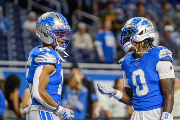 Sep 27, 2026; Detroit, MI, USA; Detroit Lions wide receiver Amon-Ra St. Brown (14) and Detroit Lions running back Jahmyr Gibbs (0) in conversation at Ford Field. Mandatory Credit: -Cal Media Detroit USA - ZUMAc04_ 20260927_zma_c04_002 Copyright: xAllanxDranbergx