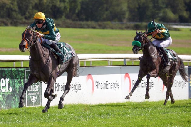 27.09.2026, Koeln, Nordrhein-Westfalen, GER - Martinet mit Luke Morris gewinnt den Winterkoenigin-Trial. Galopprennbahn Koeln-Weidenpesch. (Pferd, Jockey, Martinet, Morris, Sieg, Ziel, Zielankunft) 260927S876KOELN