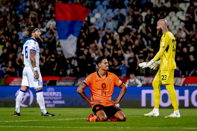 BELGRADO - Nederland midfielder Tijjani Reijnders is disappointed with his missed chance during the UEFA Nations League match between Servie and Nederland at Rajko Mitic Stadion on 27 September 2026 in Belgrado, Servie. (Photo by DeFodi Images) -