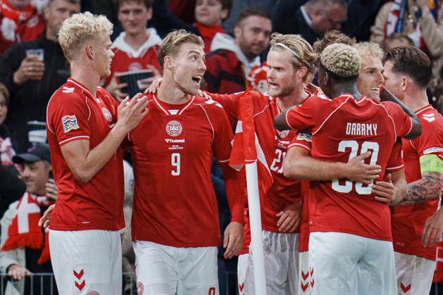 Nations League: Denmark - Wales Denmark s Rasmus Hoejlund scores to make it 1-0 and celebrates with Oliver Provstgaard, Morten Hjulmand, Mohamed Daramy, and Gustav Isaksen during the Nations League match between Denmark and Wales at Parken, Sunday, September 27, 2026. (Photo: Liselotte Sabroe Ritzau Scanpix) , Copenhagen Denmark Copyright: Ritzau Scanpix LiselottexSabroex spdk20260927-201455-L