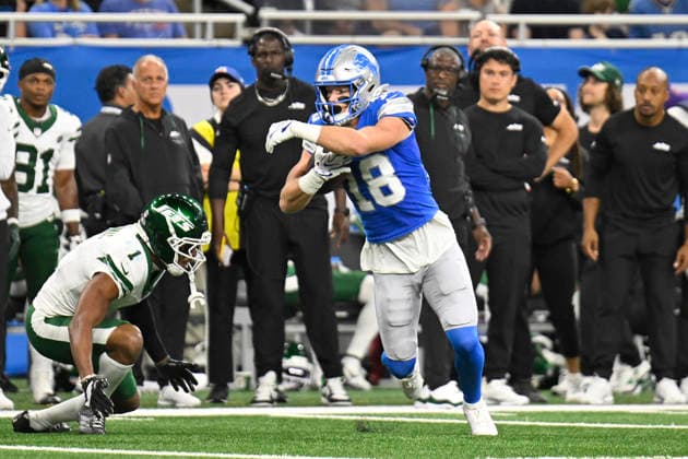 Sep 27, 2026; Detroit, MI, USA; Detroit Lions wide receiver Isaac TeSlaa (18) runs after a catch at Ford Field. Mandatory Credit: -Cal Media NFL, American Football Herren, USA 2026: Jets Vs Lions SEP 27  - ZUMAc04_ 20260927_zma_c04_007 Copyright: xAllanxDranbergx