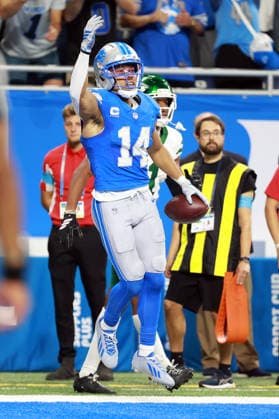 New York Jets vs Detroit Lions DETROIT,MICHIGAN-SEPTEMBER 27: Wide receiver Amon-Ra St. Brown (14) of the Detroit Lions celebrates his touchdown during an NFL, American Football Herren, USA football game between the New York Jets and the Detroit Lions in Detroit, Michigan USA, on Sunday, September 27, 2026 Detroit Michigan United States  Copyright: xAmyxLemusx originalFilename:lemus-newyorkj260927_npMoB