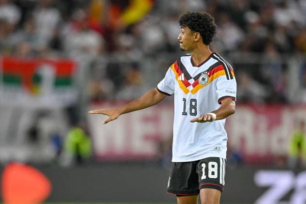 Nathaniel Brown (Germany) gestures during the UEFA Nations League 2026 27 group phase match between Germany and Greece at WWK Arena on September 27, 2026 in Augsburg, Germany. (Photo by Harry Langer DeFodi Images) -