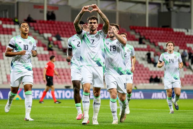 UEFA Nations League Group Stage, Nagyerdei Stadion, Debrecen, Hungary 27 9 2026 Israel vs Republic of Ireland Ireland s Troy Parrott celebrates after scoring his sides first goal of the match Troy Parrott celebrates after scoring his sides first goal of the match 27 9 2026  Copyright: xx RB2_0639