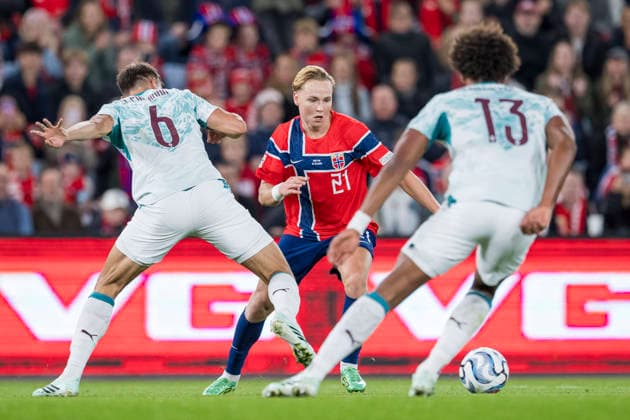 260927 Andreas Schjelderup of Norway during the Nations League football match between Norway and Portugal on September 27, 2026 in Oslo. Photo: Vegard Grott BILDBYRAN kod VG VG1010 bbeng fotboll football soccer fotball nations league landskamp norge norway portugal Copyright: VEGARDxGRoTT BB260927VG031
