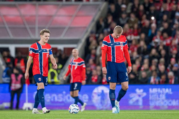 260927 Martin odegaard and Erling Braut Haaland of Norway looks dejected after 0-1 during the Nations League football match between Norway and Portugal on September 27, 2026 in Oslo. Photo: Vegard Grott BILDBYRAN kod VG VG1010 bbeng fotboll football soccer fotball nations league landskamp norge norway portugal depp Copyright: VEGARDxGRoTT BB260927VG032
