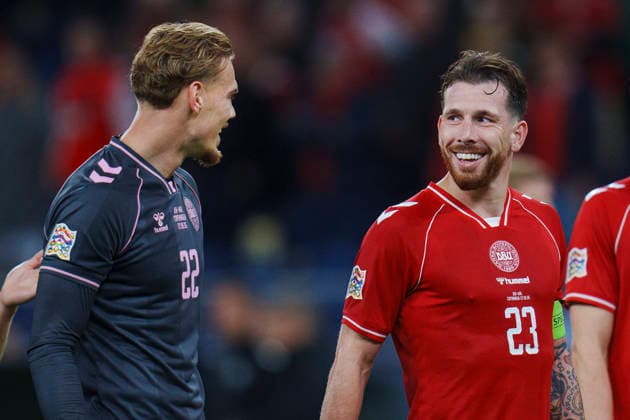 Nations League: Denmark - Wales Denmark s Pierre-Emile Hoejbjerg and Filip Joergensen after the Nations League match between Denmark and Wales at Parken, Sunday, September 27, 2026. (Photo: Liselotte Sabroe Ritzau Scanpix) , Copenhagen Denmark Copyright: Ritzau Scanpix LiselottexSabroex spdk20260927-213131-L