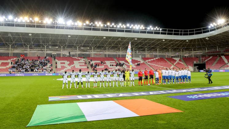 UEFA Nations League Group Stage, Nagyerdei Stadion, Debrecen, Hungary 27 9 2026 Israel vs Republic of Ireland A view of both teams duirng the Israel national anthem A view of both teams duirng the Israel national anthem 27 9 2026  Copyright: xx RB3_7041