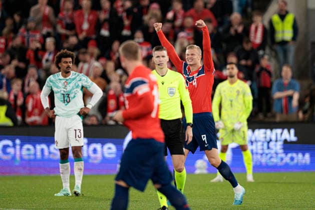 Erling Haaland seen celebrating after scoring goal during UEFA Nations League Division A game between National Teams of Norway and Portugal (Maciej Rogowski Ball Raw Images) Oslo Ullevaal Stadion Norway Copyright: xMaciejxRogowskix maciejrogowski_norway_portugal_2627_3-14