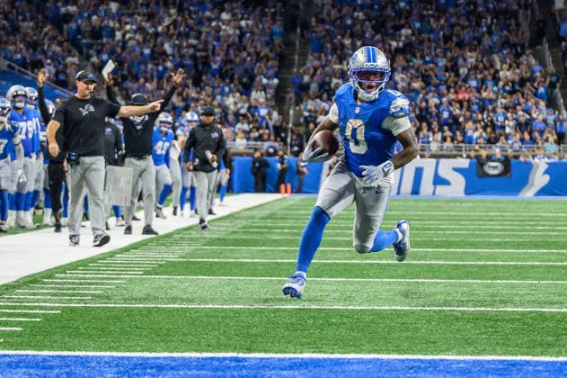 Sep 27, 2026; Detroit, MI, USA; Detroit Lions running back Jahmyr Gibbs (0) takes a pass into the endzone at Ford Field. Mandatory Credit: -Cal Media Detroit USA - ZUMAc04_ 20260927_zma_c04_060 Copyright: xAllanxDranbergx